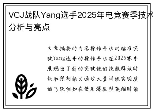 VGJ战队Yang选手2025年电竞赛季技术分析与亮点
